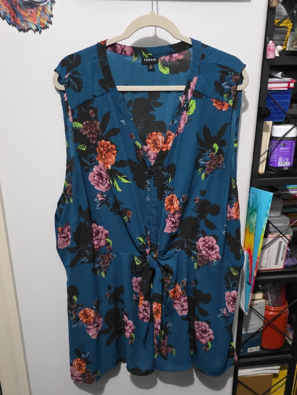 torrid Teal Floral Tie-Front Sleeveless Top